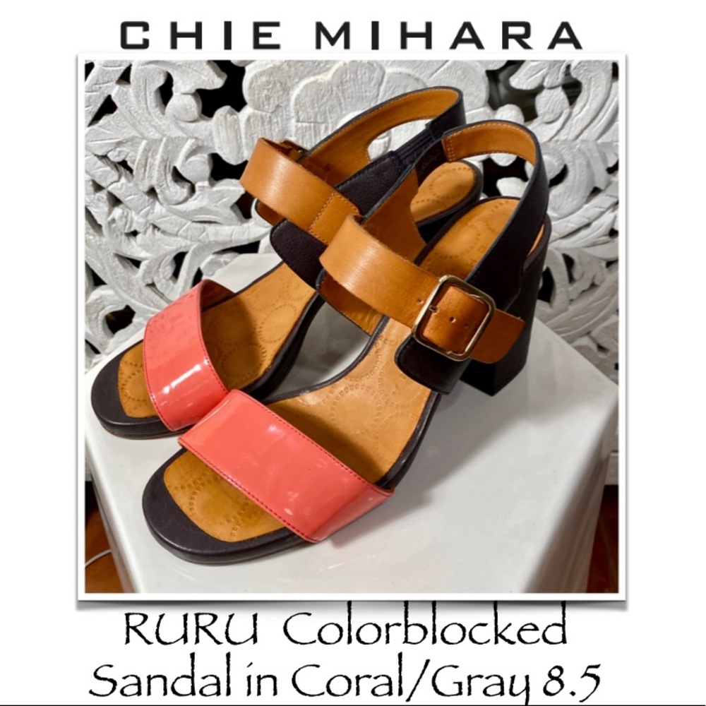 Chie Mihara Color-blocked Sandals Coral Gray Nude Size 8.5 Patent Leather Heels